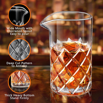 Cocktail Mixing Glass Set,Bar Mixing Set with 20Oz Crystal Thick Bottom Glass,Spoon, Jigger,Strainer and Muddle,5 Pieces Cocktail Mixing Glass Kits Perfect for Amateurs and Bartenders