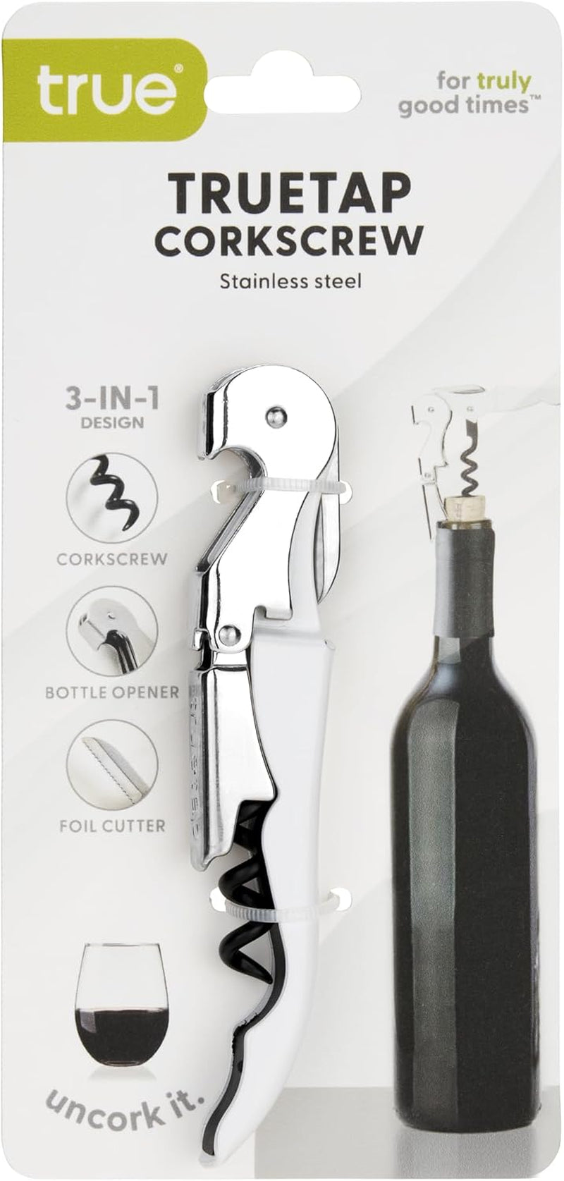 tap Double Hinged Waiter'S Corkscrew Wine Opener, Stainless Steel Wine Bottle Opener with Built in Foil Cutter, Home Bar Tools, Bar Cart Accessories, Wedding Gifts, Set of 1, White