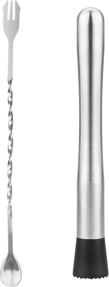 2PCS 10" Stainless Steel Cocktail Muddler & Mixing Spoon for Bar