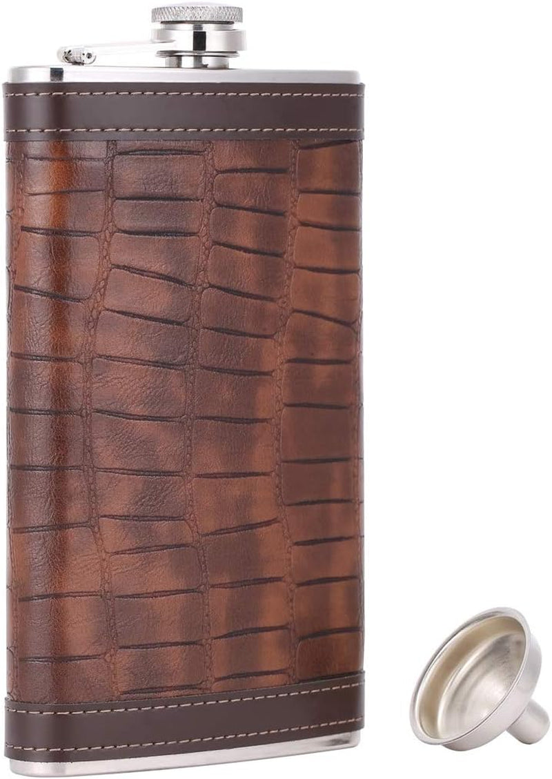12 Oz Crocodile Pattern Brown Leather Whiskey Liquor Flask