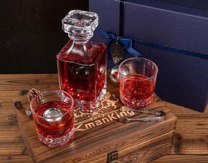 Whiskey Decanter Set with Wooden Box, Lion Whiskey Glasses 10 Oz and 25 Oz Bourbon Decanter Set with 18/10 Stainless Steel Whiskey Stones, Tongs, Whiskey Gifts for Men Husband Dad Wedding