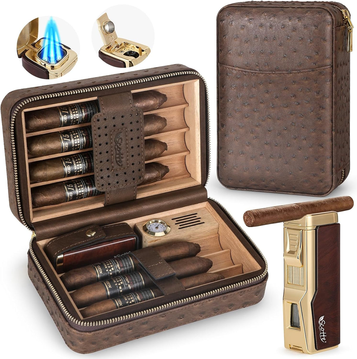 Cigar Humidor Box, Cigar Lighter Cedar Wood Lined Leather Cigar Case Built in Hygrometer & Humidifier, Torch Lighter with Cigar Holder Cigar Punch Portable Travel Cigar Humidor Kit(No Butane)