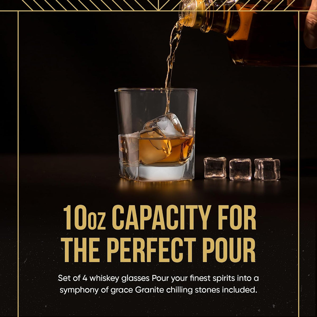 Double Old Fashioned Whiskey Glass (Set of 4) with Granite Chilling Stones - 10 Oz Heavy Base Rocks Barware Glasses for Scotch, Bourbon and Cocktail Drinks