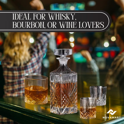 Customised Whiskey Decanter Set with 6 Glasses, Wooden Gift Box & Metal Tray – Premium Glass Barware Corporate Keepsake for Men, Groomsmen, Anniversary, Father’S Day Heavy Liquor Pour