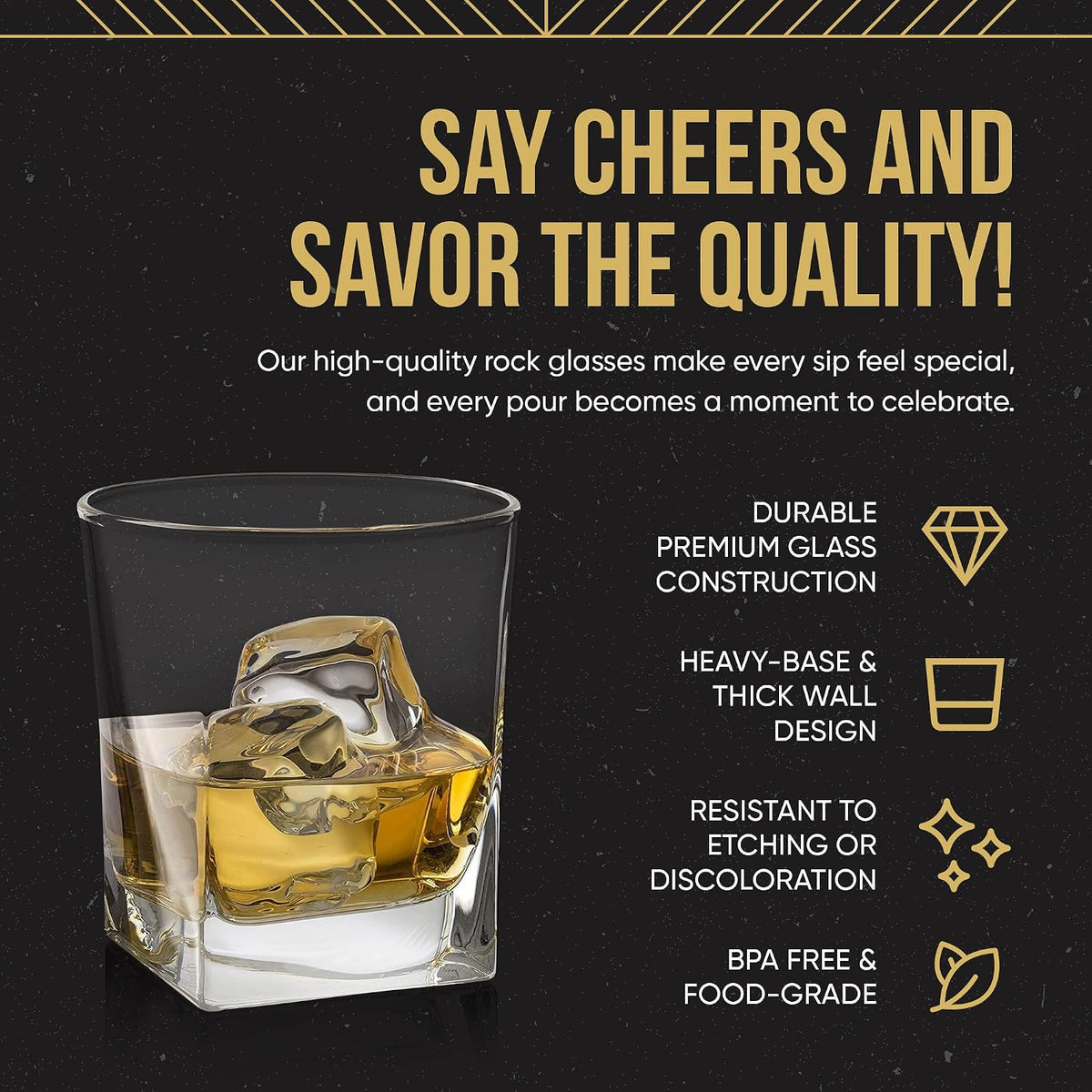 Double Old Fashioned Whiskey Glass (Set of 4) with Granite Chilling Stones - 10 Oz Heavy Base Rocks Barware Glasses for Scotch, Bourbon and Cocktail Drinks