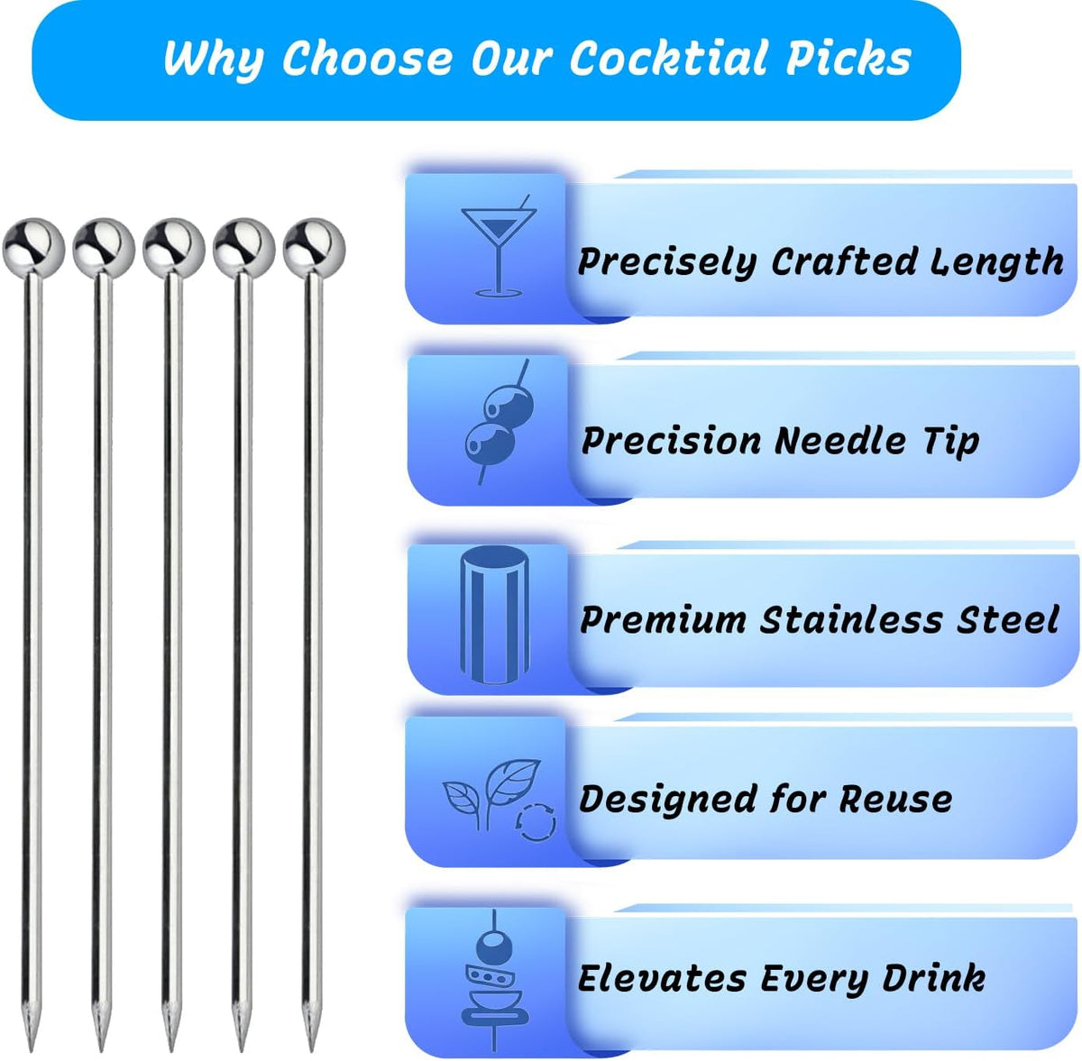10Pcs Cocktail Picks, Stainless Steel Metal Martini Picks, Skewers for Appetizers & Toothpicks for Appetizers, Reusable Cocktail Picks for Drinks, Olives & Fruit
