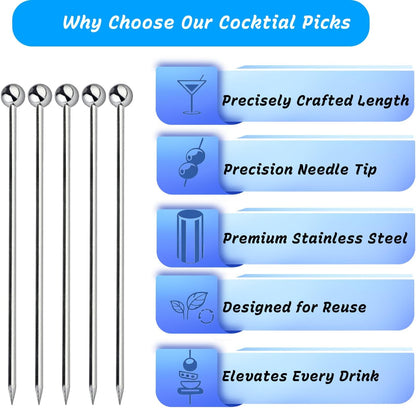 10Pcs Cocktail Picks, Stainless Steel Metal Martini Picks, Skewers for Appetizers & Toothpicks for Appetizers, Reusable Cocktail Picks for Drinks, Olives & Fruit