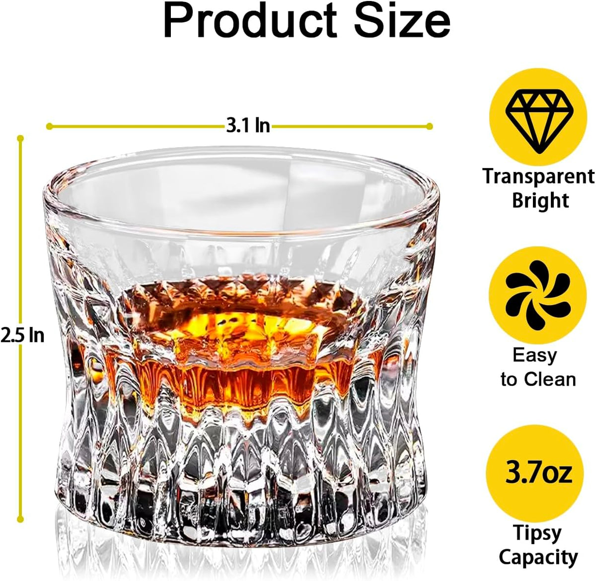 Askcraok Whiskey Glass Set of 2 Old Fashioned Glasses 3.7 Oz for Vodka,Cocktail,Bourbon,Cognac,Rum, Holiday Gifts Transparent 2PCS
