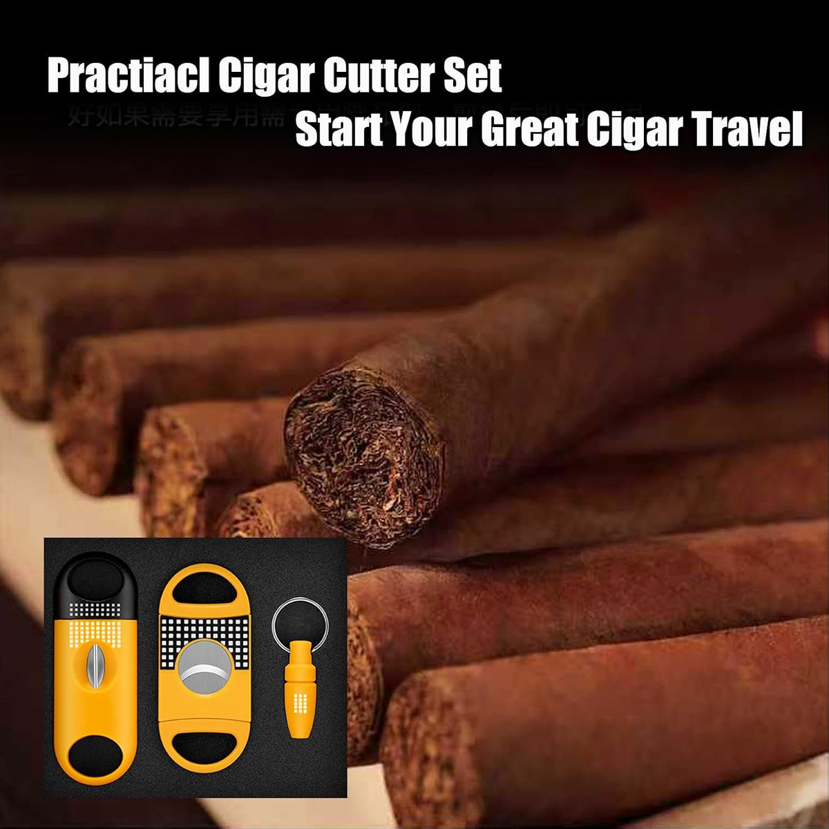 Cigar Cutter Set, with Cigar Straight Cutter, Cigar V Cutter, Cigar Punch, Multi-Functional Cigar Accessories Kit for Cigar Humidor Case, Portable Cigar Tools for Travel Outdoors (Yellow)