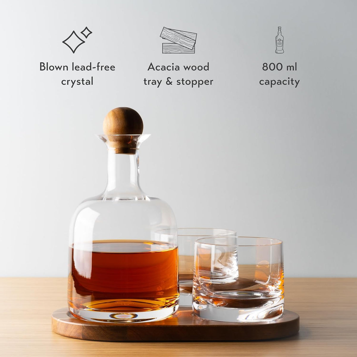Whiskey Decanter Set with Glasses, Wood Tray and Stopper